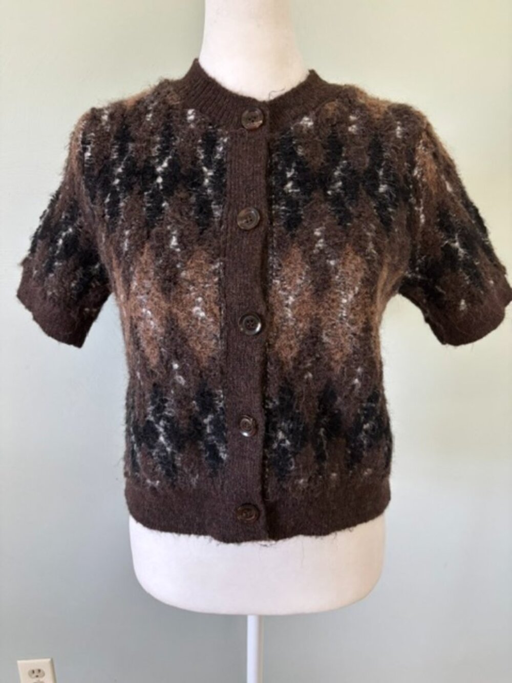 Zara Argyle Knit Short Sleeve Buttoned Cardigan in Brown Women's Size Small